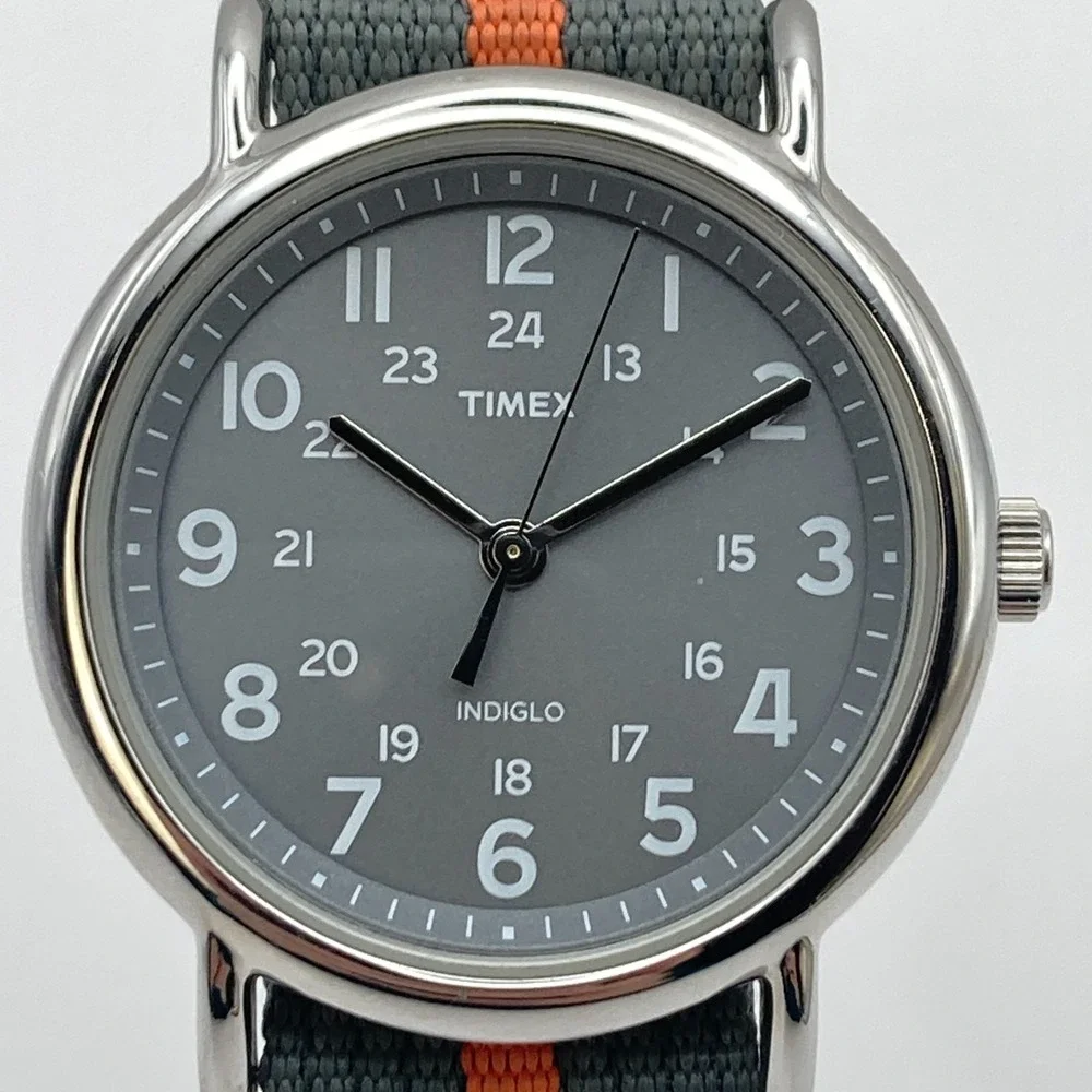 Timex Weekender Men's Watch 38mm Silver Tone Indiglo Gray Orange New Battery